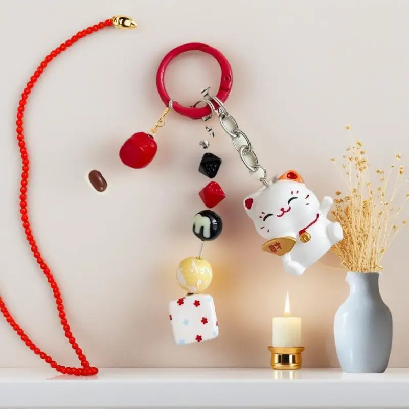 Cute Fun-loving Fortunate Cat Red Furry Ball Bag Charm Keychain Phone Zpaxo