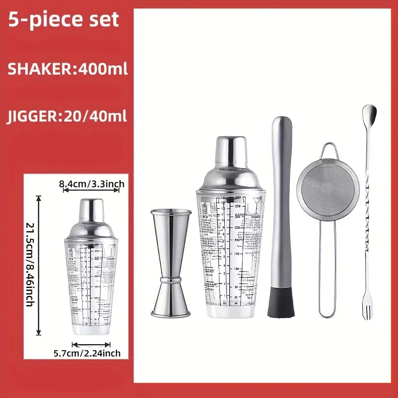 Bar Stainless Steel Cocktail Shaker 5-piece Glass Mixing Tool Home Zpaxo Set of 5