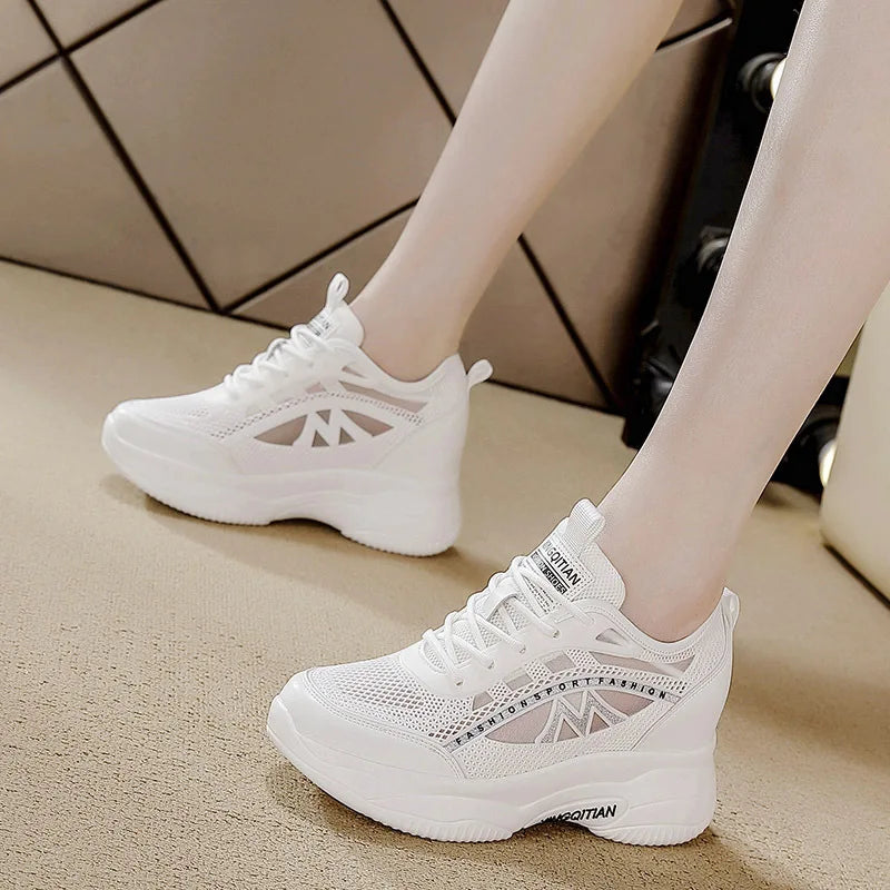 Mesh Platform Wedge Sneakers Women Colorful Glitter Lace Up Design Zpaxo