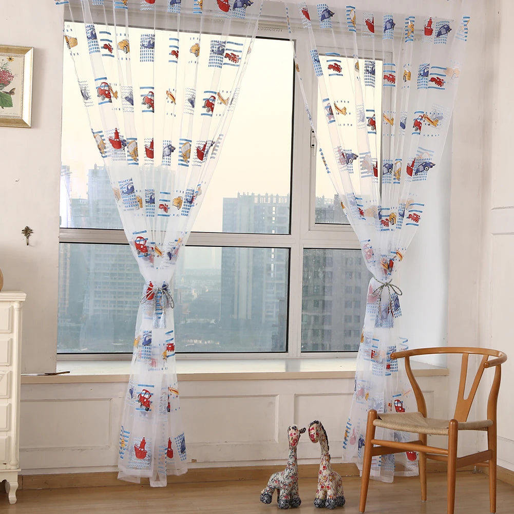 Kids Car Pattern Tulle Sheer Drape Decorative Articles Voile Panel Zpaxo