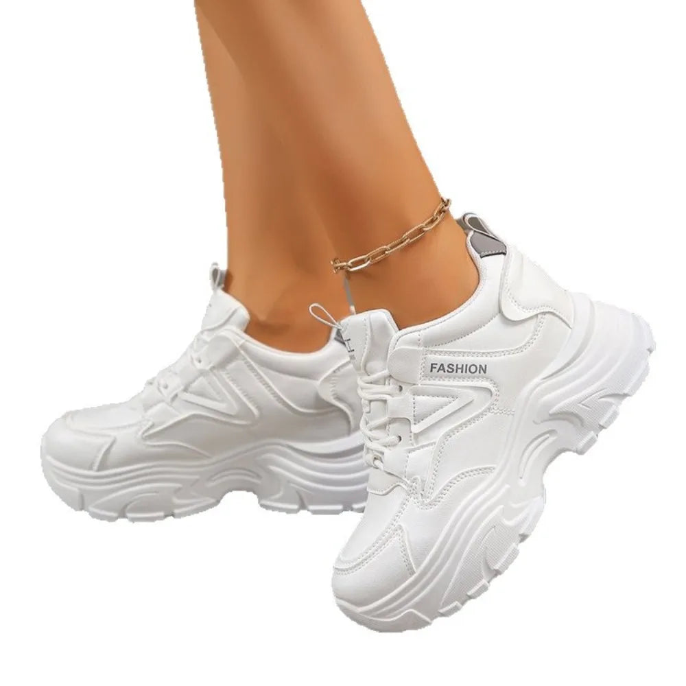 Women's Height Increasing Chunky Sneakers White Black Platform Sports