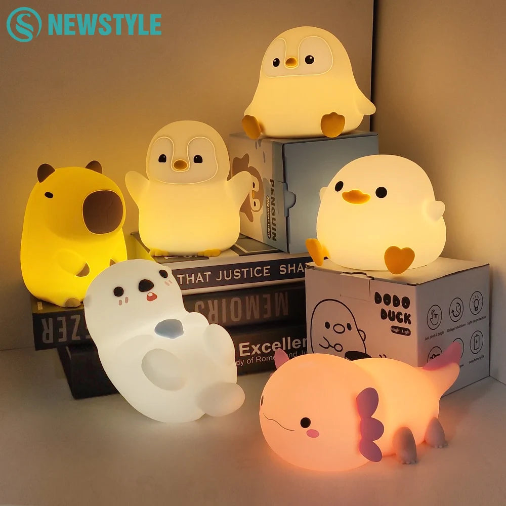 Cute Duck Capybara Night Light for Kids Animal Silicone Nursery Night Lamp Touch Control Nightlight Rechargeable Beside Lamp Zpaxo