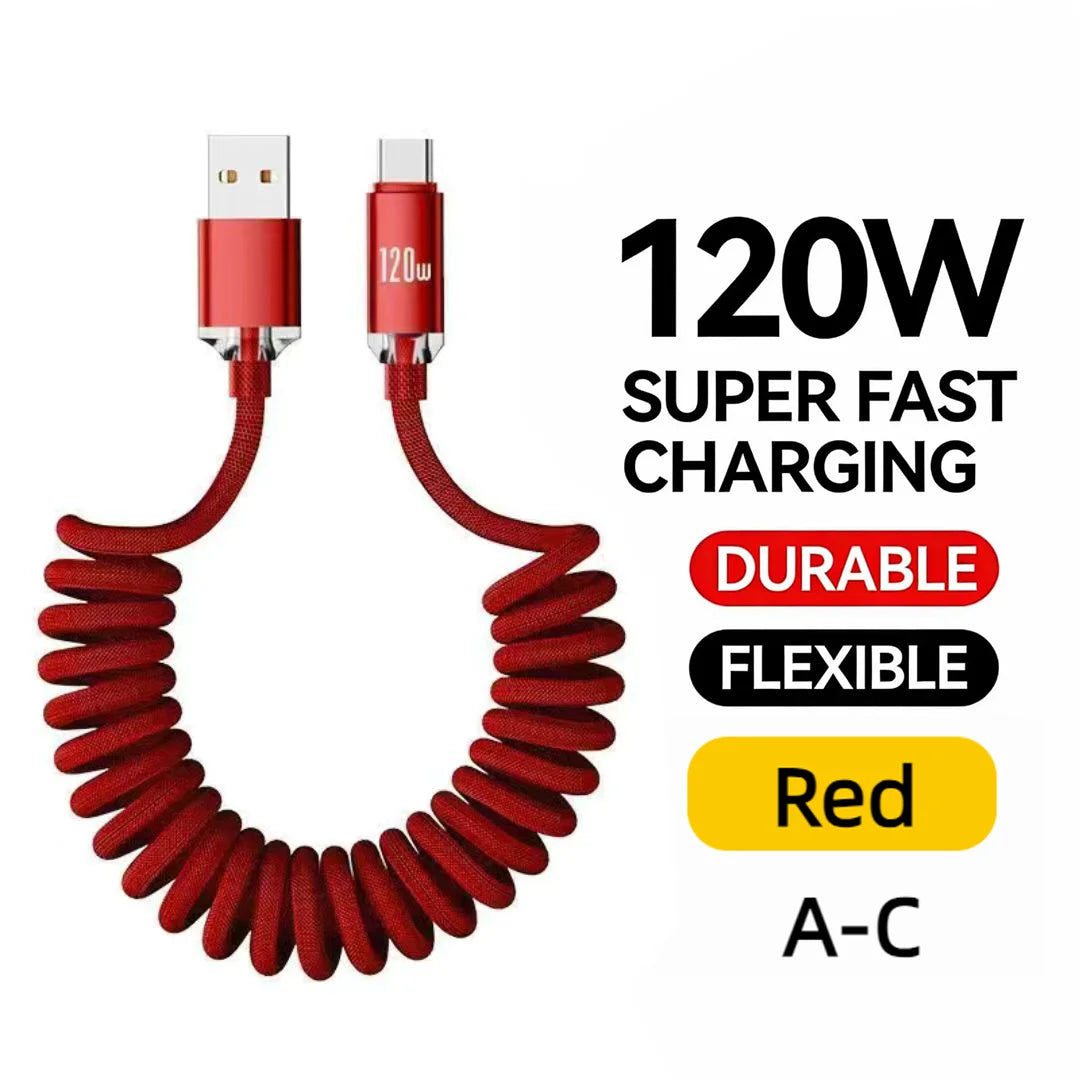 120W Retractable USB-C Fast Charging Cable – 1m & 2m USB-C Charging Cable Zpaxo A to C Red 2m