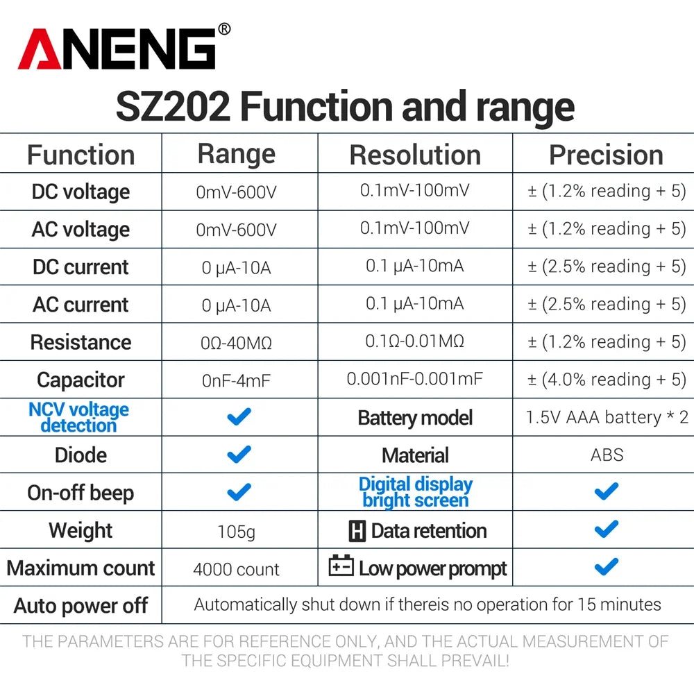 ANENG SZ202 Digital Multimeters Voltage Tester 10A Current Meter