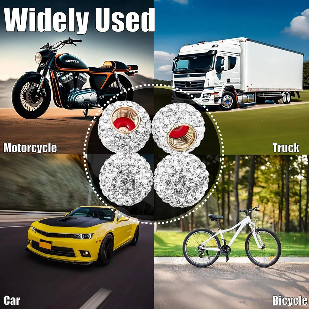 4-Pack Crystal Diamond Tire Valve Caps – Cars, Trucks & Bikes