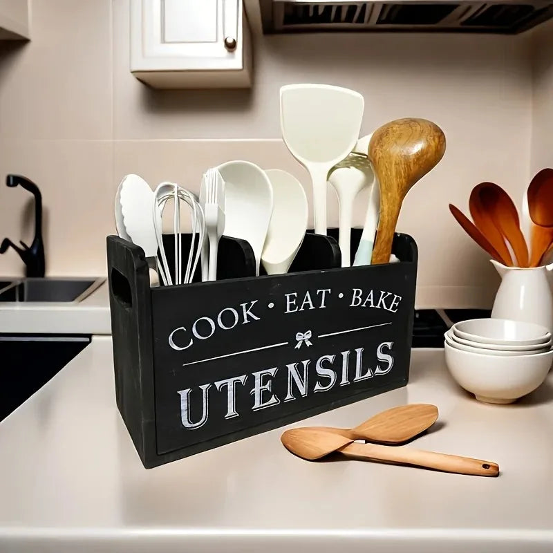 Kitchen Utensil Rack Three Compartments Rustic Wooden Storage Box