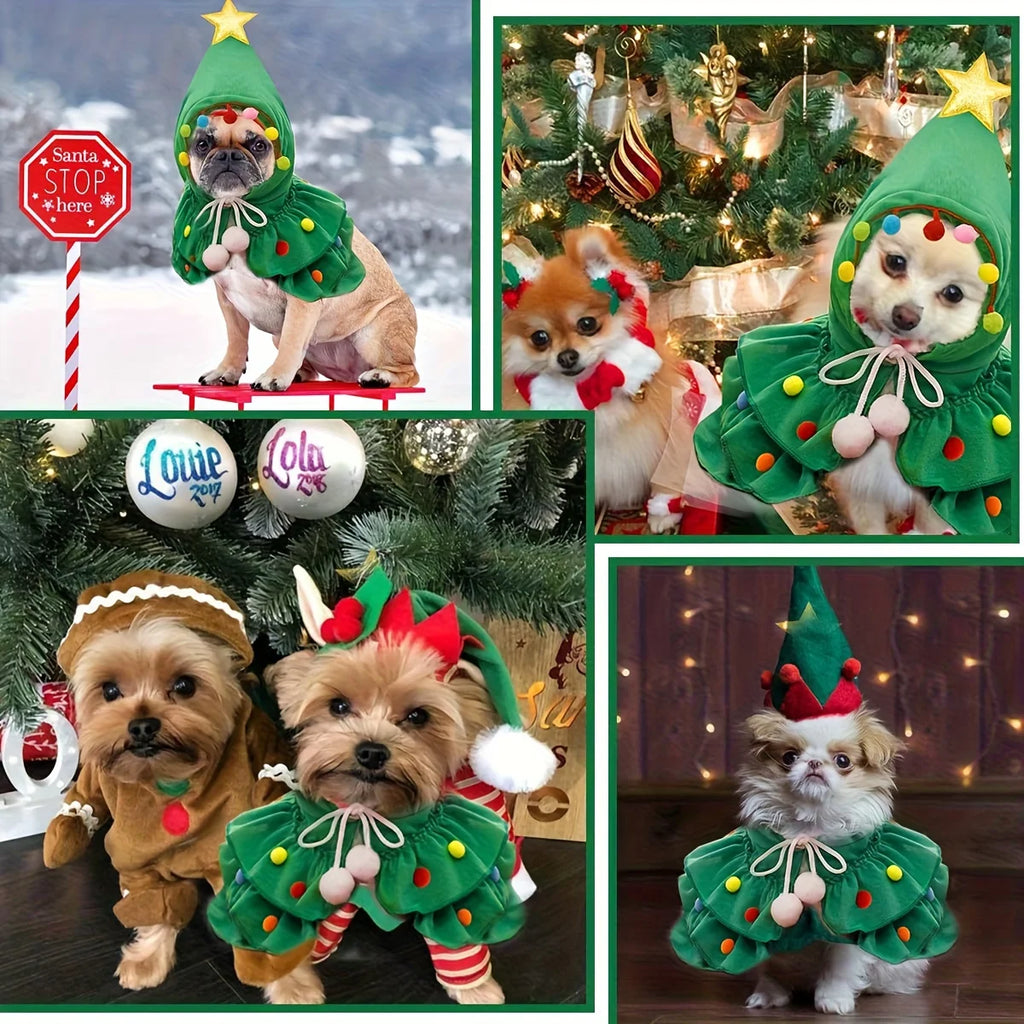Christmas Tree Pet Costume Hooded Cape Small Dogs Cats Cute Design