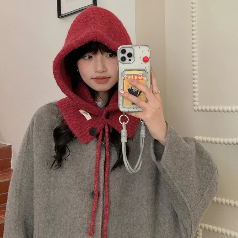 Korean Hat Scarf Women's Autumn Winter Warm Ear Protection Hooded Zpaxo Red one size