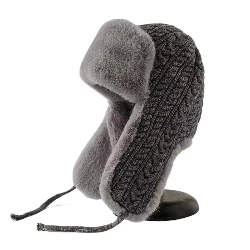 Cute Thickened Plush Hats Women Warm Winter Knitted Cap Ear Guards Zpaxo Gray