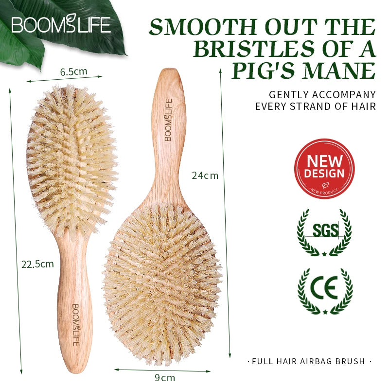 BOOMSLIFE Soft Boar Bristle Hair Brush Women Custom Scalp Massage Detangle HairbrushOak Wood Comb for Hair Barber Accessories Zpaxo