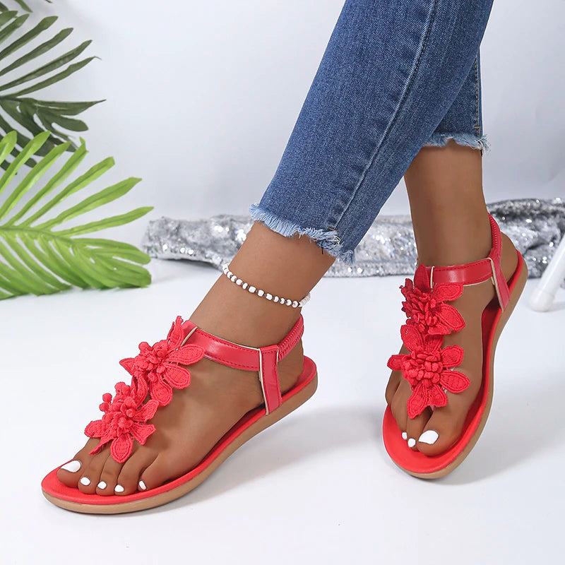 Woman Floral Sandals Clip Toe Flat Summer Sandals Lightweight Fashion Shoes Casual Bohemia Flowers Slip on Beach Shoes Women Zpaxo Red 37