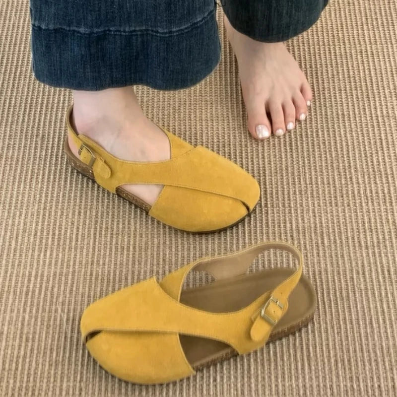 Round Closed Toe Women's Vintage Comfortable Hollow Out Breathable Zpaxo YELLOW 36