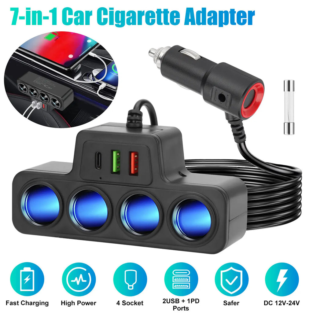 120W 1 Car Charger Adapter PD 4 Socket Cigarette Lighter Splitter