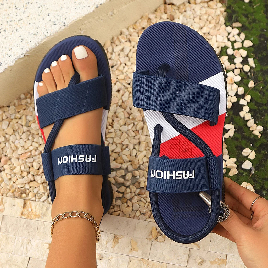 Women Sandals 2025 New Casual Flat Sandals Outdoor Beach Water Shoes Fashion Flats Non-slip Ankle Wrap Shoes Zapatos De Mujer Zpaxo Blue 36