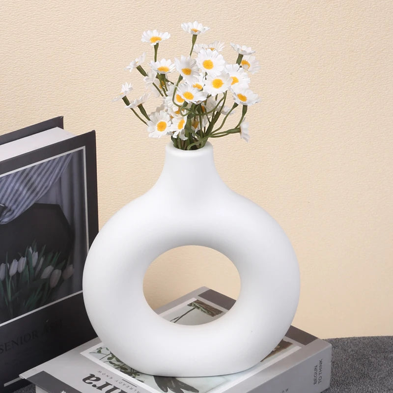 Donut Plastic Vase White Black Pink Cute Round Vase Flowerpot Ornaments for Living Room Dining Table Office Home Decor Zpaxo