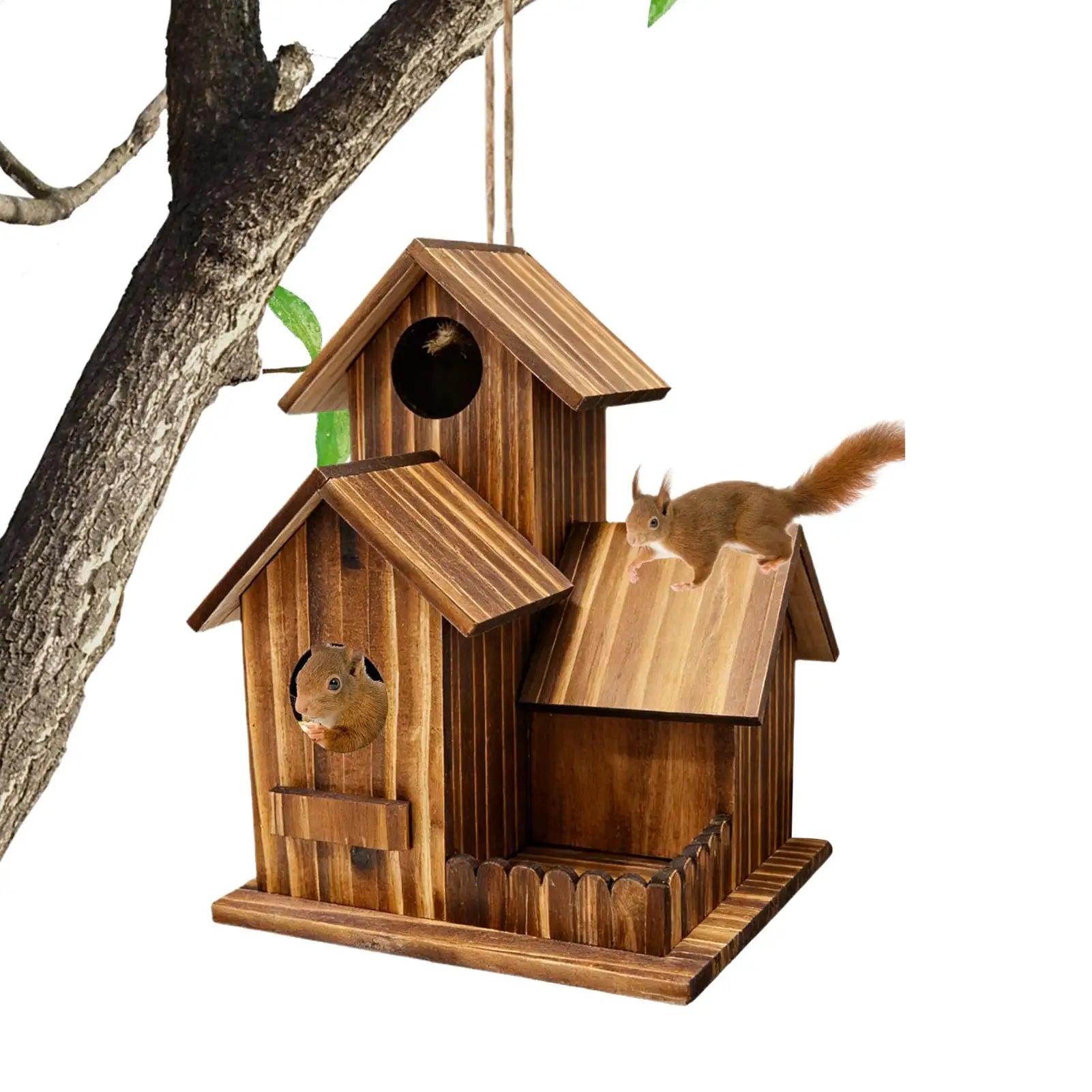 Squirrel Feeder Three-room Design Wooden Food Outdoor Station Houses
