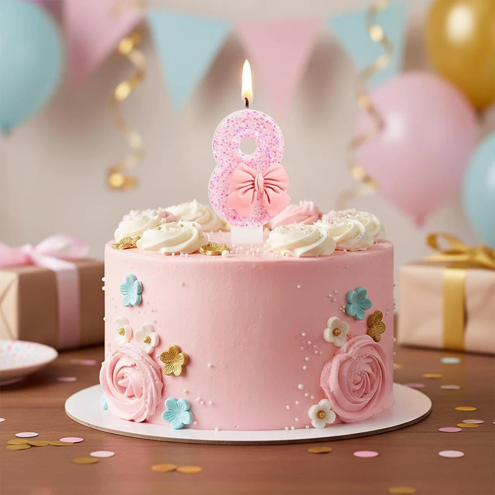 Pink Bow Number Candle Glitter Candle Cake Topper 0-9 for Birthday Anniversary Party Cake Decoration Gifts Zpaxo