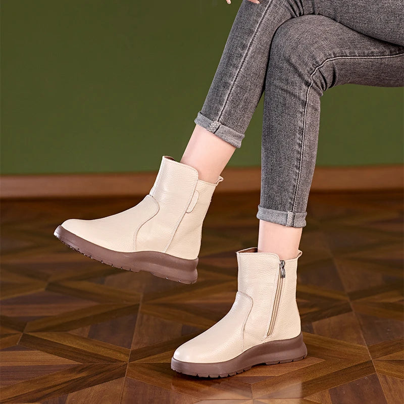 Women Leather Ankle Boots 2026 Round Toe Side Zipper Chunky Sole Zpaxo 8766 Beige Velvet 41 China Mainland