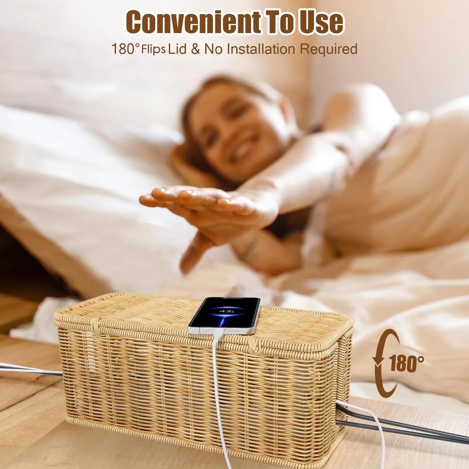 Cable Management Box Handwoven Imitation Rattan Cord Hider Organizer