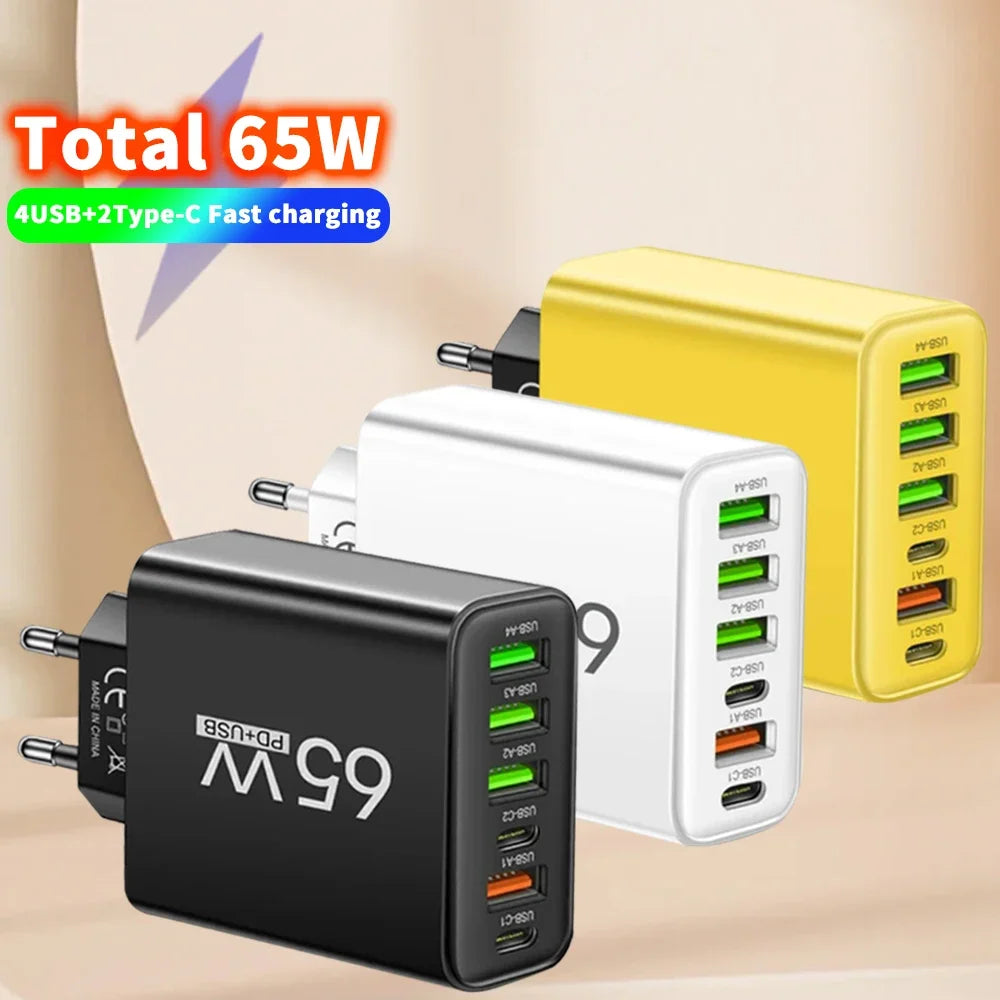 USB C Charger Total 65W PD Fast Charging Mobile Phone Type C Multiple 6 Ports Wall Adapter for iPhone 15 Xiaomi Huawei Samsung Zpaxo Yellow EU