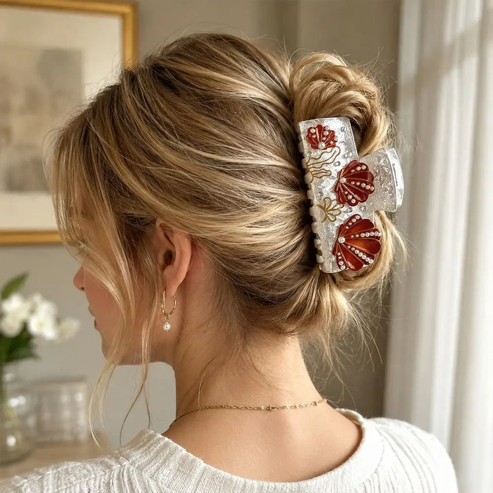 New Large Rhinestone Shell Hair Claw Acrylic Geometric Pattern Hair Claw Clips Ocean Series Pearl Shell Hair Clip Beach Zpaxo
