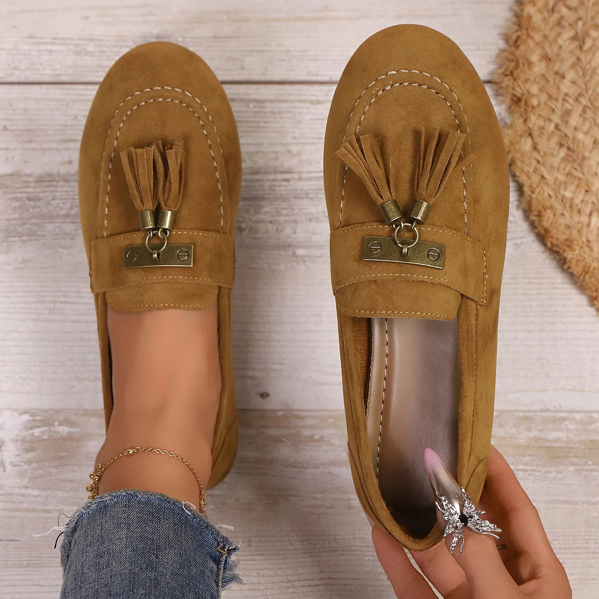 Women Loafers Outdoor Tassels Flat Sneakers Women Comfortable Vacation Shoes Round Toe Walking Shoes Ladies Zapatos De Mujer Zpaxo Camel 41