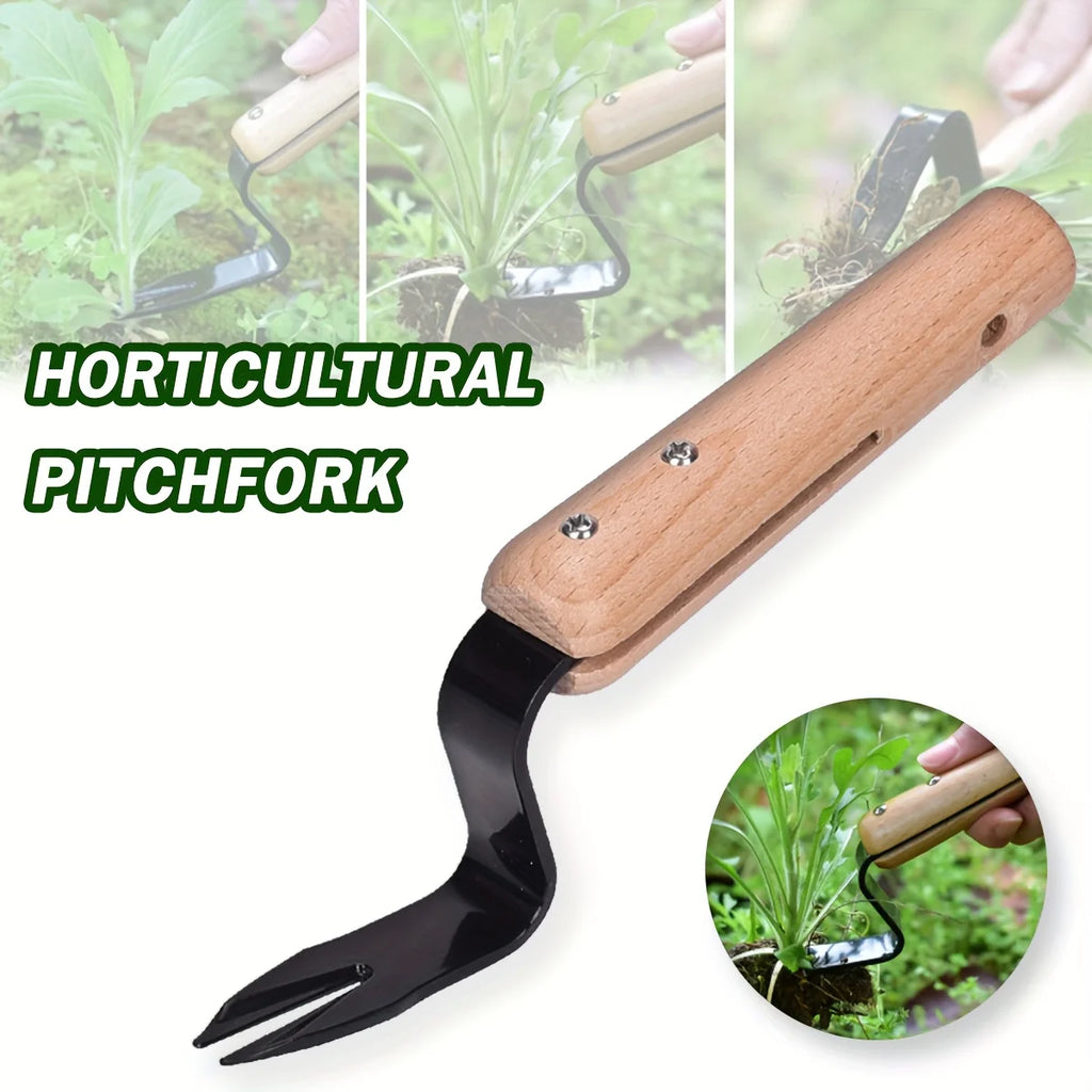 Premium Handheld Weeder Tool Durable Metal Fork Wooden Handle Easy Zpaxo