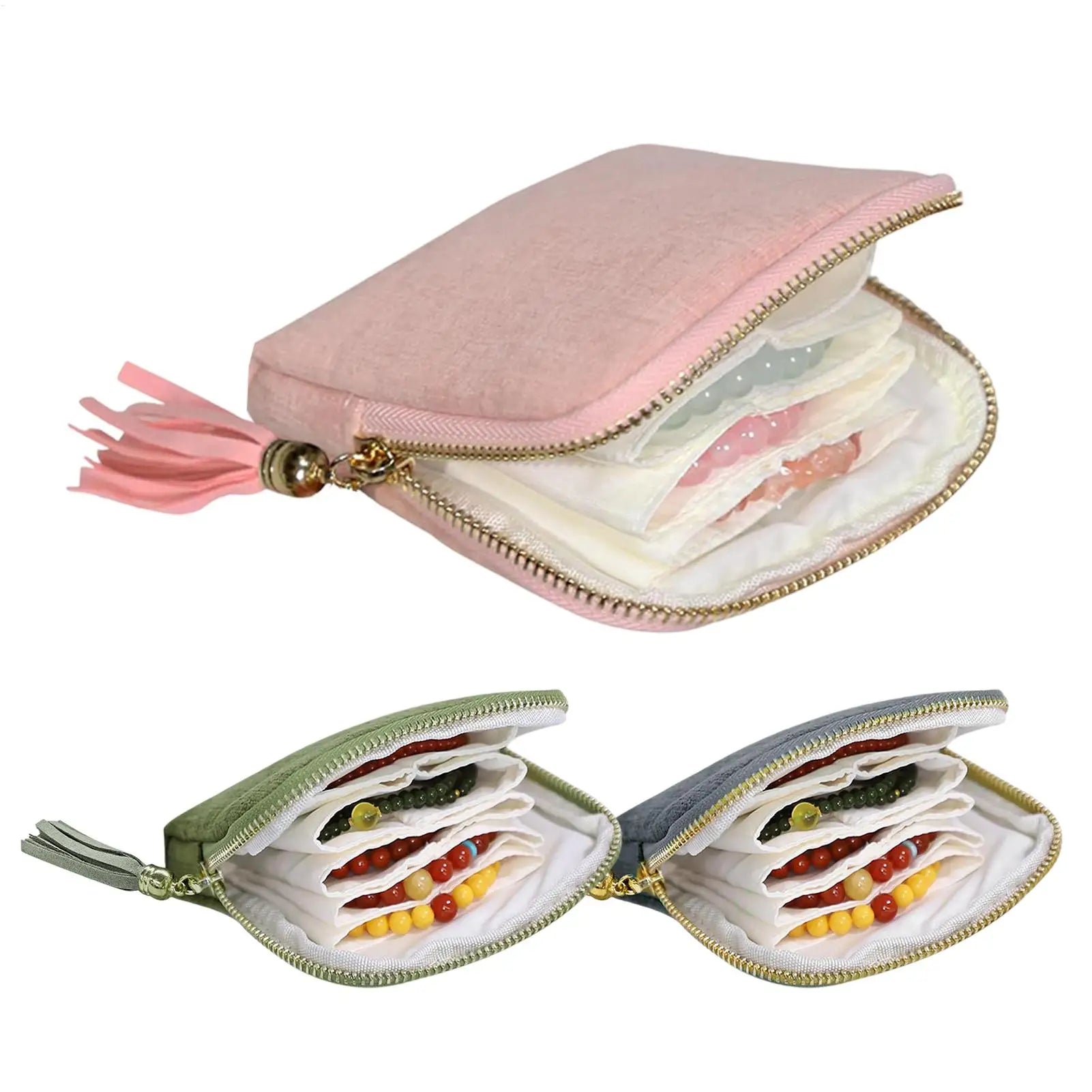 Velvet Travel Jewelry Pouch Roll Organizer Zipper Closure Necklace