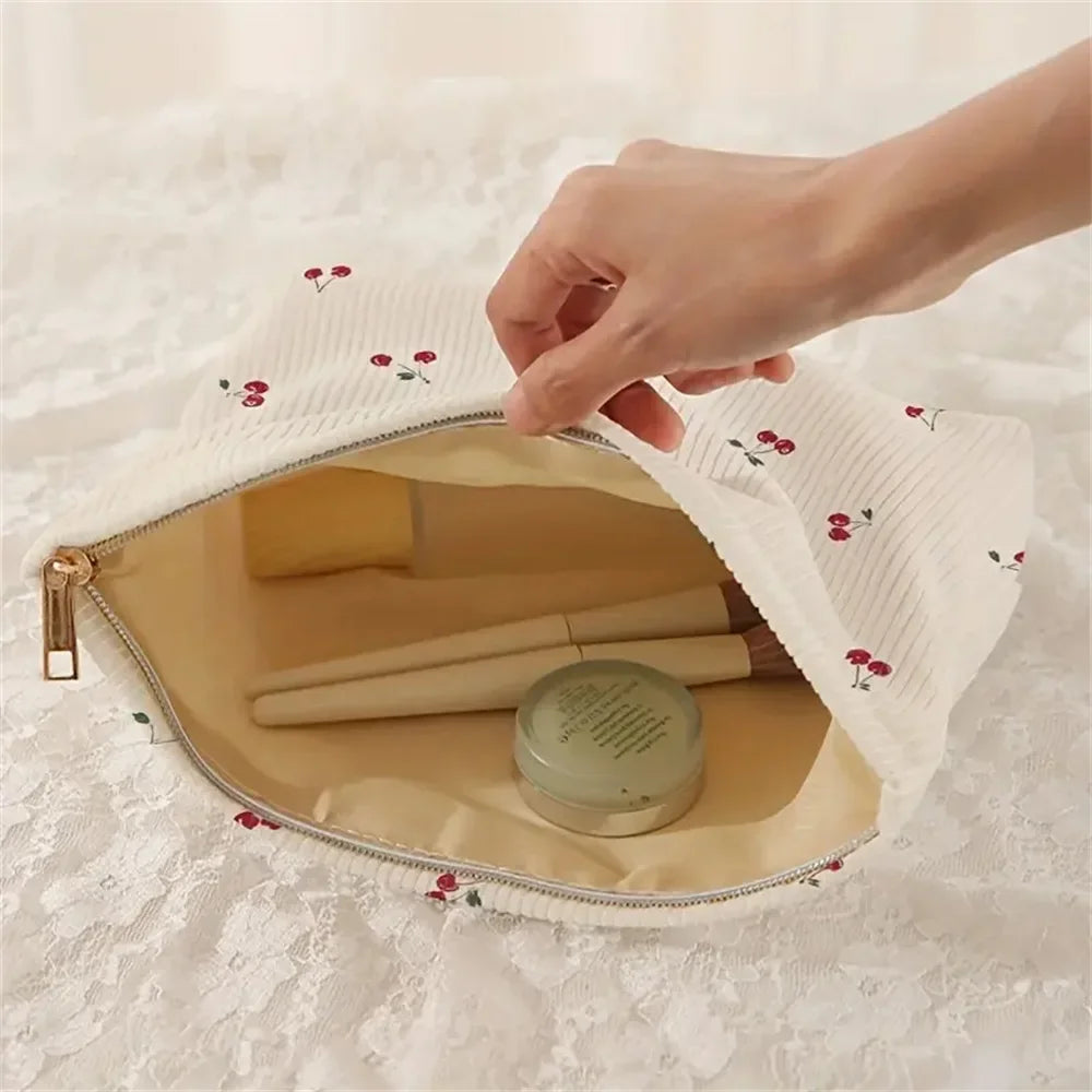 Hand Painted Cherry Corduroy Zipper Makeup Bag Lightweight Travel Toiletry Pouch Bohemian Style Cosmetic Organizer Zpaxo