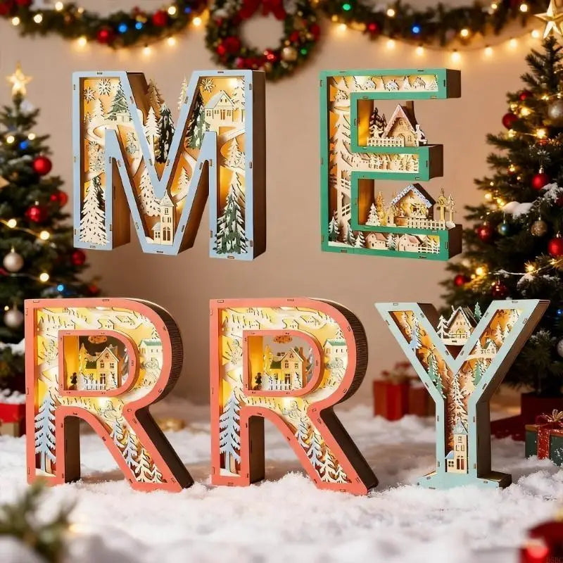Hollowed Merry Wooden Letter Desk LED Lamp Mantels Tabletop Shelf