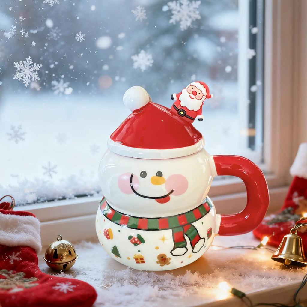 Christmas Mugs Ceramic Cute Drinkware Handle Lid Picnic Fishing