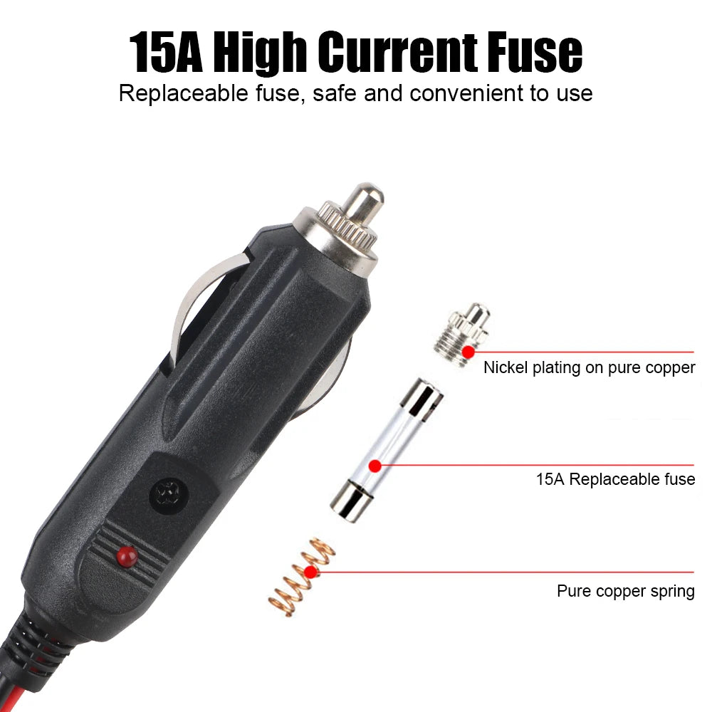 15A Fuse 12V-24V Male Plug Adapter Power Cord Car Cigarette Lighter
