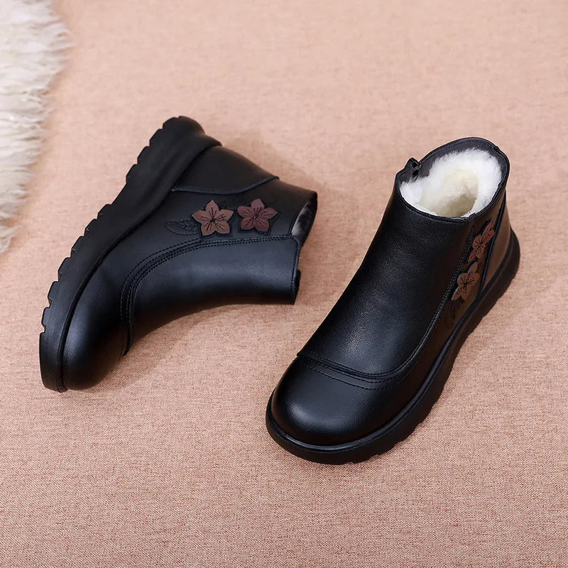 Black Leather Winter Ankle Boots Women Faux Fur Lining Floral Zpaxo