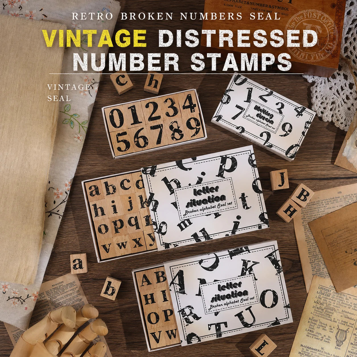 Vintage Broken Style Wooden Rubber Stamp Set – Letters & Numbers Decorative Rubber Stamps Zpaxo