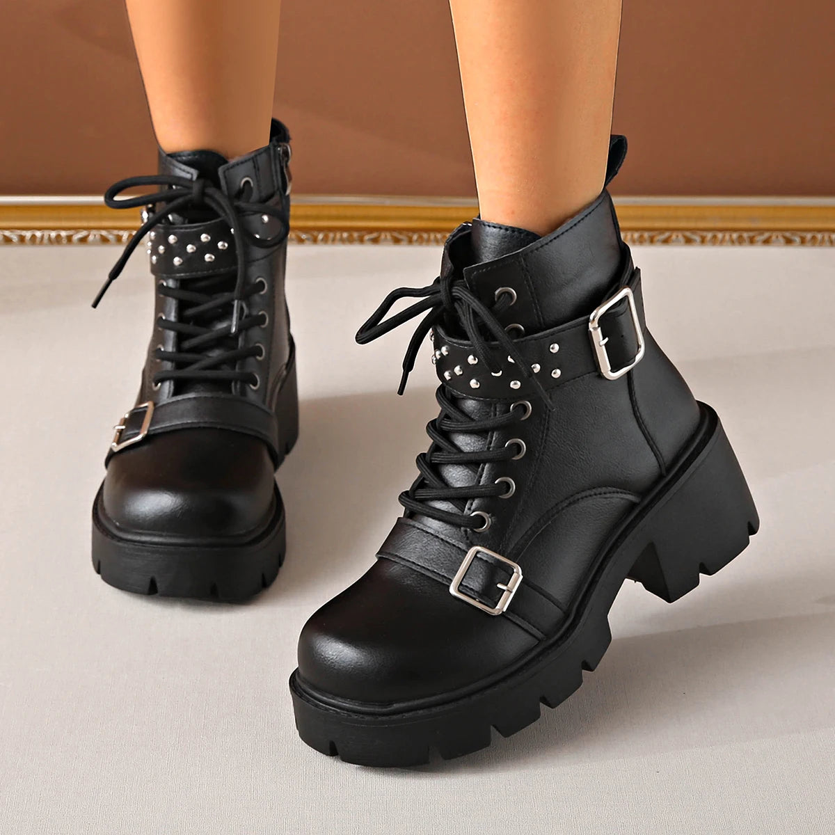 Women Ankle Boots 2025 New Fashion Lace Up Shoes Comfortable Luxury Buckle Strap Boots Women Solid Chunky Heel Mid-Calf Boots Zpaxo