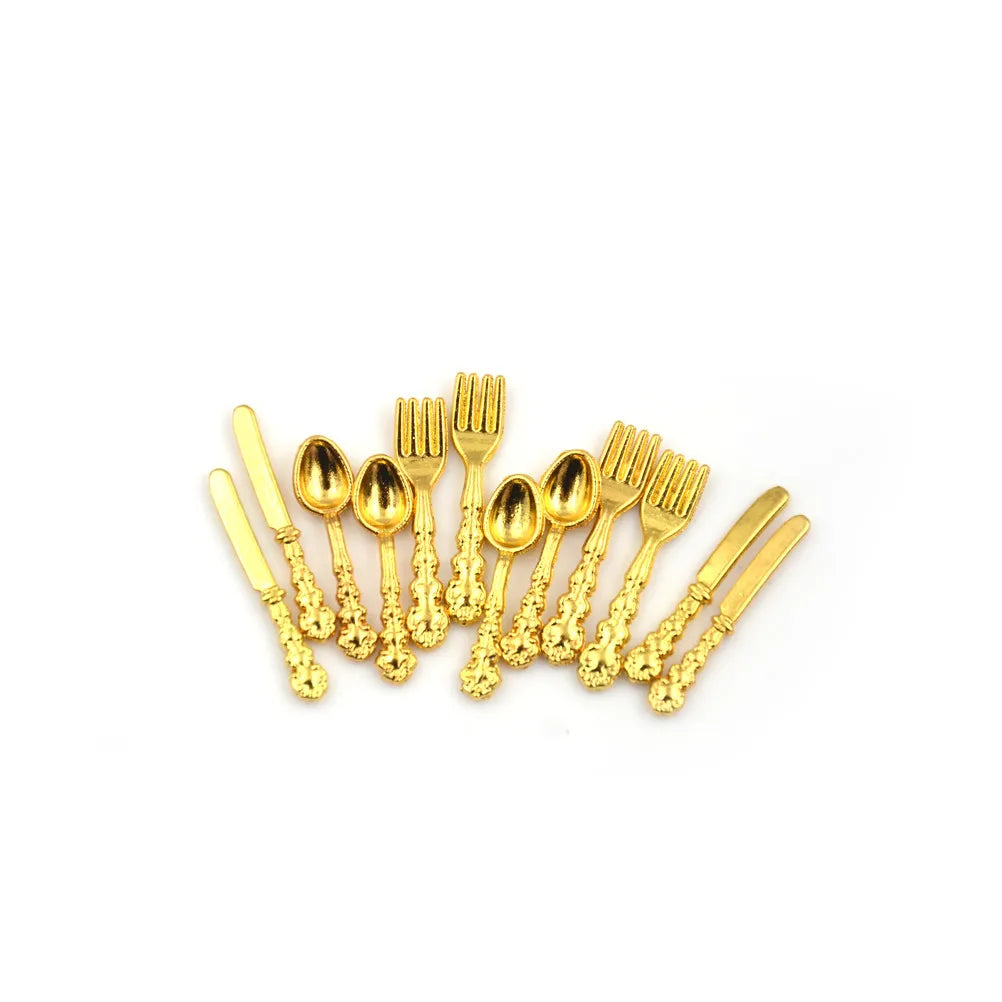 ▶12Pcs/set 1:12 Dollhouse Miniature Fork Knife Soup Tableware Kitchen Furniture Toys Zpaxo Gold