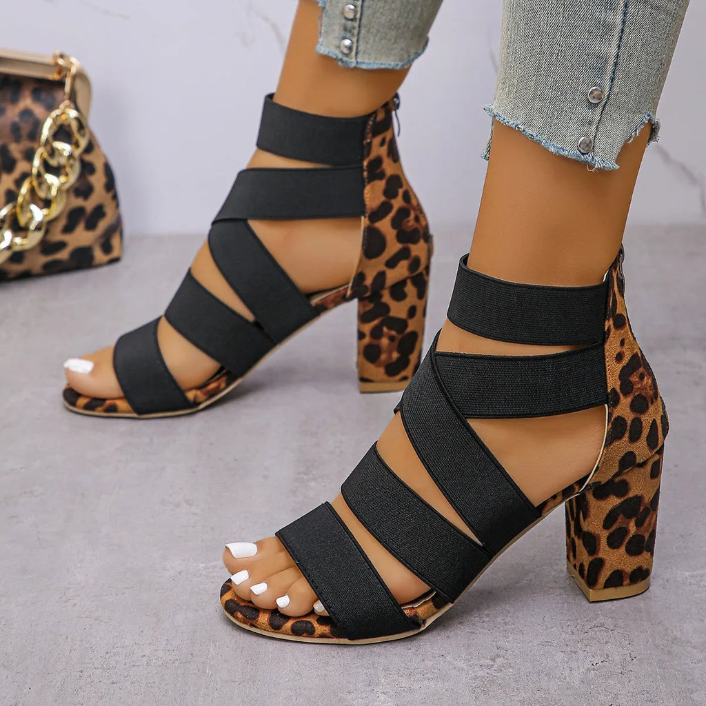 Women Sandals Summer Mid-heel Sandals 2025 New Ankle-Wrap Shoes for Women Elegant Open Toe Square Heel Shoes Zapatos De Mujer Zpaxo Yellow leopard 36