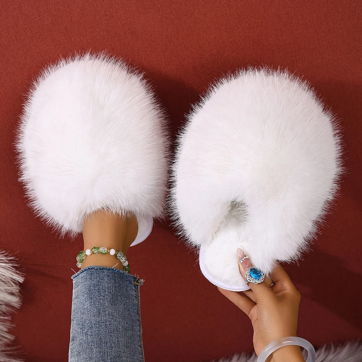 Winter Women Indoor Slippers Fashion Faux Fur Home Shoes Women Trend Soft Sole Warm Fluffy Slippers Solid Baotou Slides Women Zpaxo WHITE 38-39