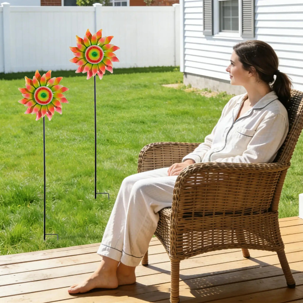 Garden Wind Spinners Metal Flower Windmill Stake Spinner Yard Outside