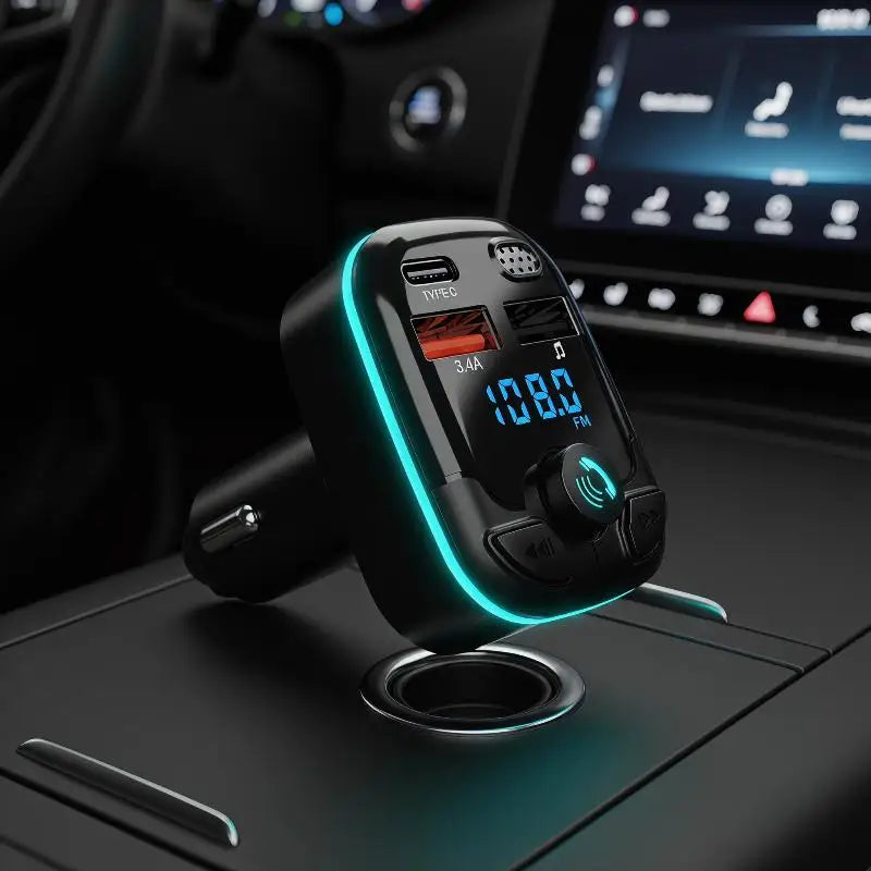 Bluetooth 5.0 FM Transmitter Car Charger – Dual USB & Type-C