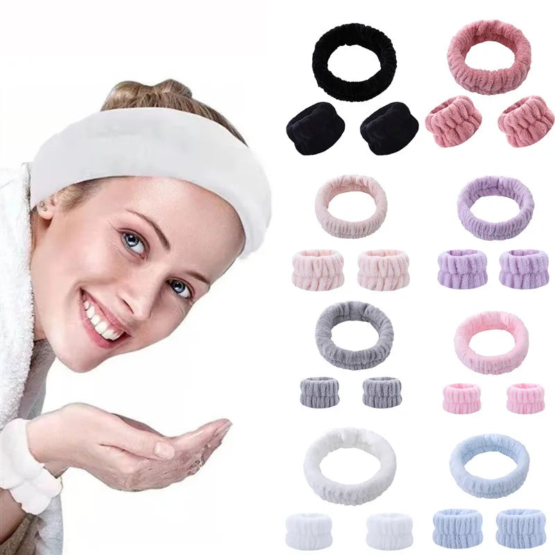 Coral Fleece Face Wash Headband & Wristband Set for Women