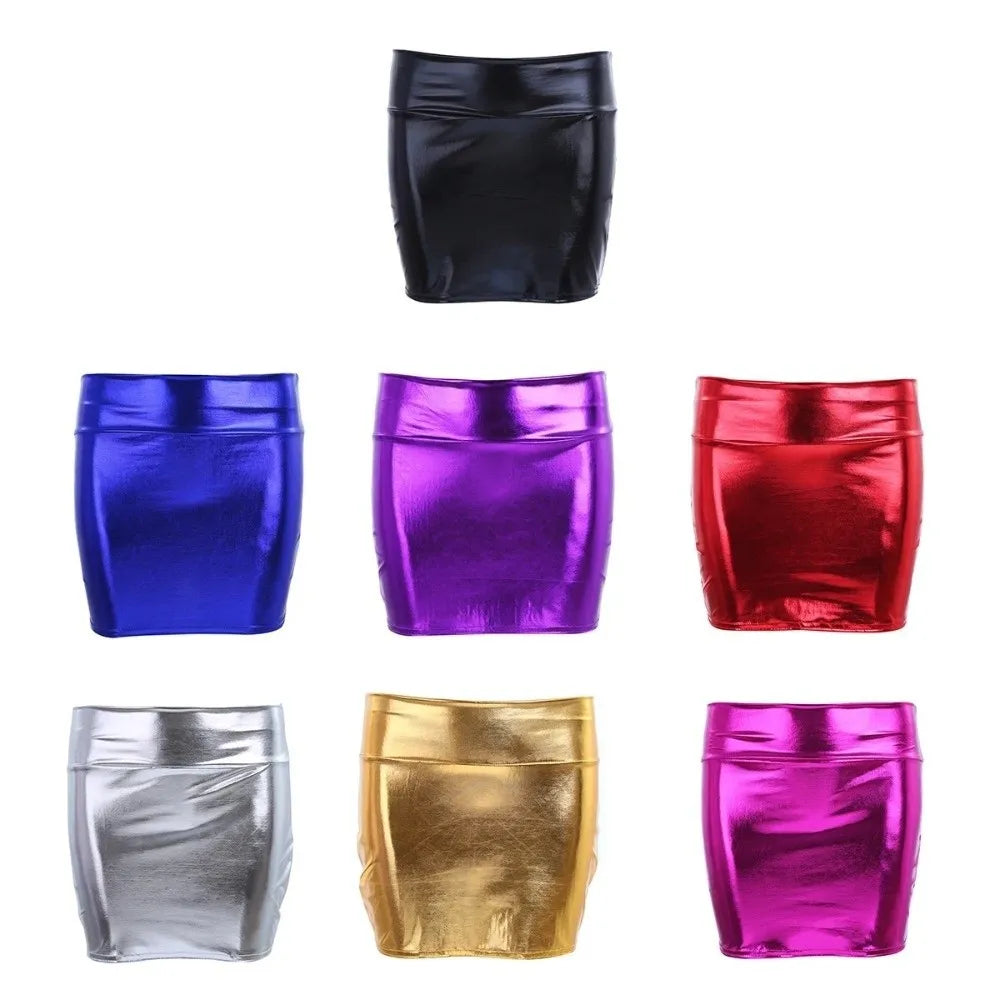 Fashion Metallic Bodycon Mini Skirt High Shine PU Leather Party Skirt Body Shaping Elastic Tight Pencil Skirt Party Wear Zpaxo