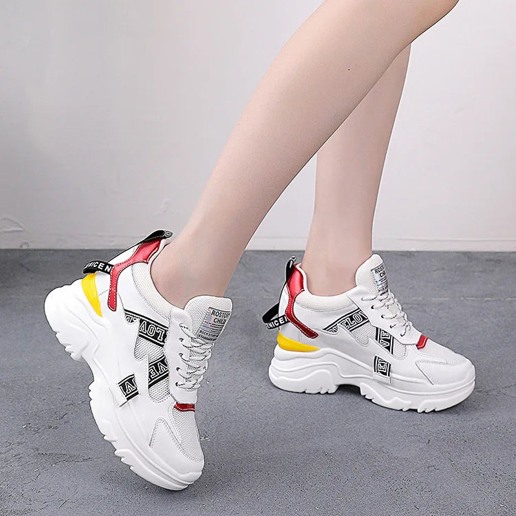 White Hidden Wedge Chunky Sneakers Women Block Mesh Upper Lace Up Zpaxo