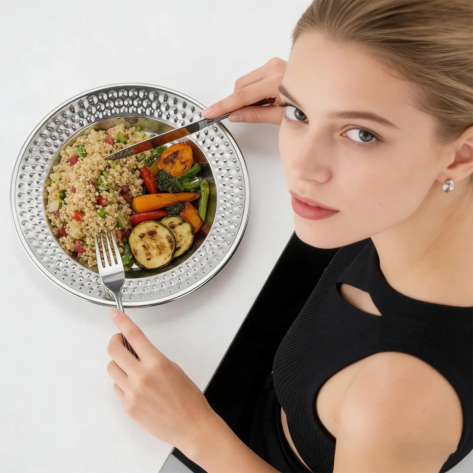Stainless Steel Dinner Plates Hammered Finish Unbreakable Stackable