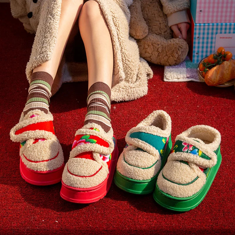 SHAJI Womens Winter Flower Plush Fluffy Fuzzy Cotton Slippers Warm