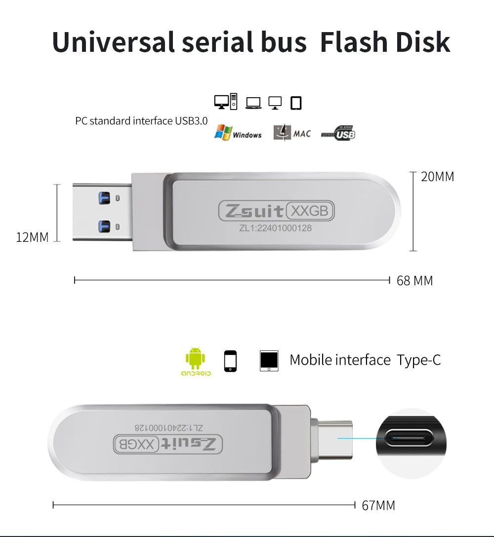 Zsuit USB Flash Drives Rotate USB-C Pendrive 64GB 128GB USB3.0 Type-C Pen Drives 2in 1 U Disk for iPhone Laptops Memory Stick Zpaxo