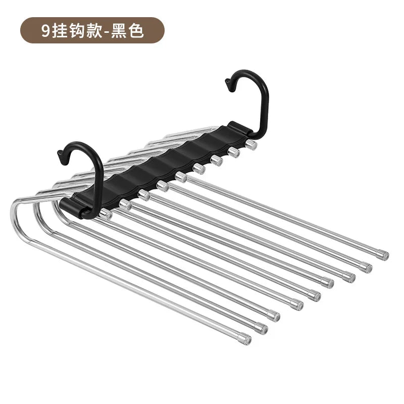 Stainless Steel Folding Pants Hanger – Multi-Layer Magic Clips & Retractable Space-Saving Organizer Zpaxo 9 Hooks black