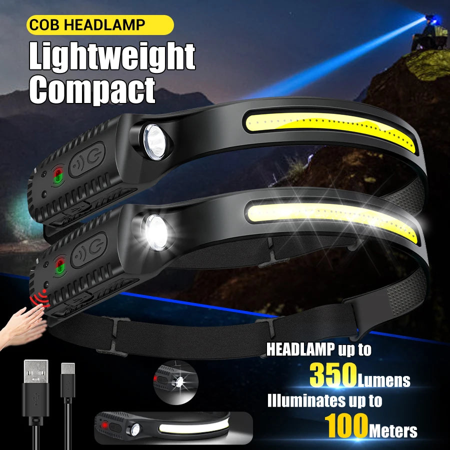 USB Rechargeable XPE+COB LED Sensor Headlamp – 350 Lumens
