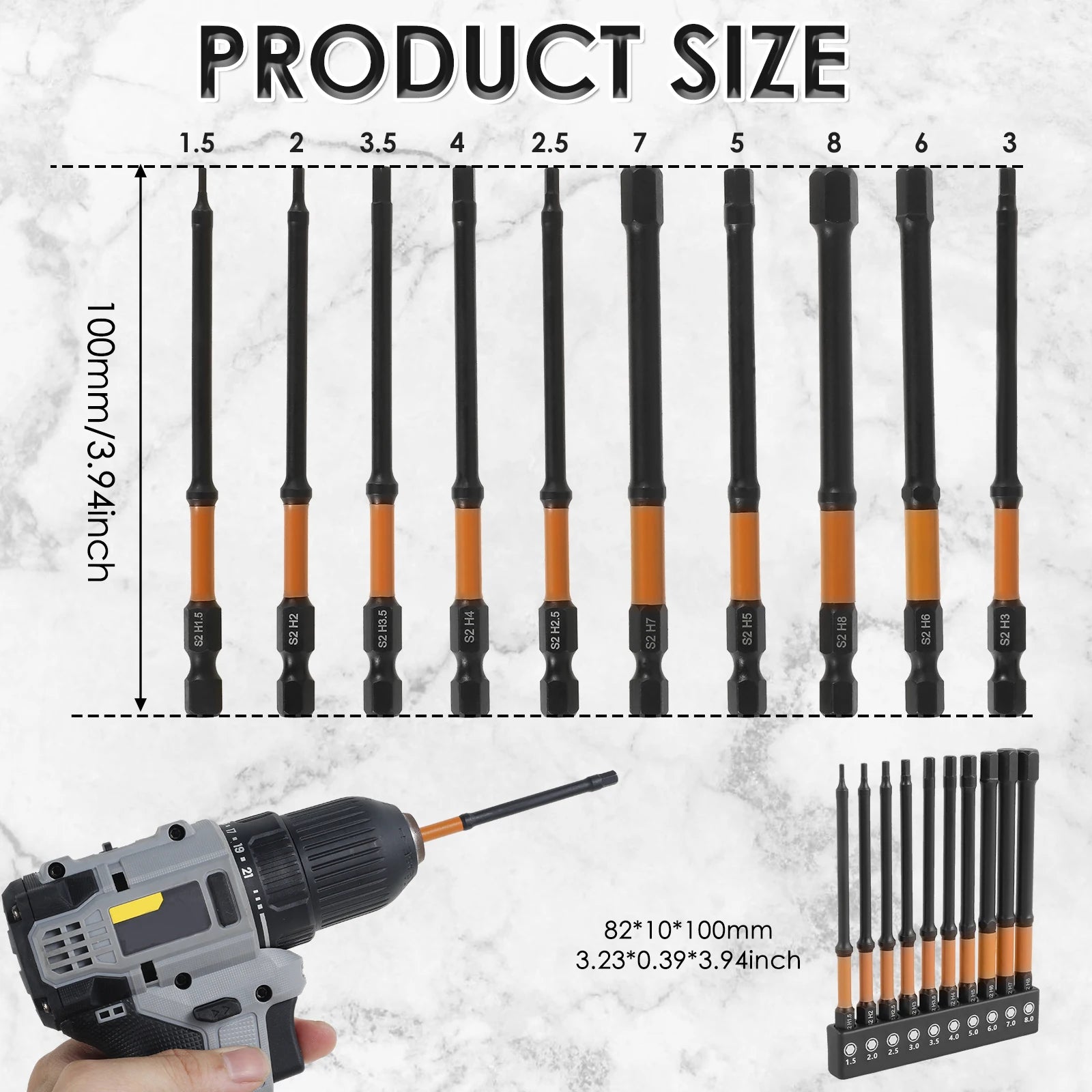 20/10pcs Impact Allen Wrench Drill Bit Set Metric & SAE 1/4" Hex-Shank S2 Steel Hex Bits CNC Machined Tips with Magnetism 4" Lon Zpaxo Metric 10PCS 100mm 4inch