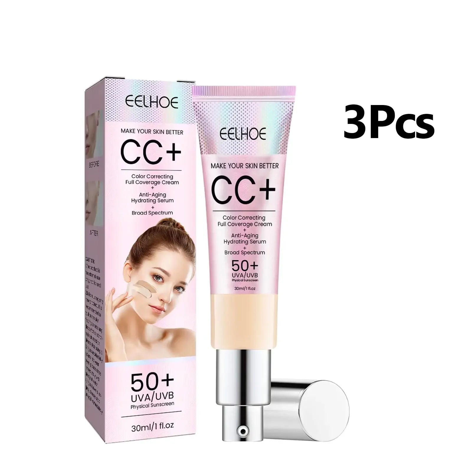 Eelhoe CC Cream Foundation SPF 50 – Concealer & Moisturizer CC Cream Foundation Zpaxo 3PCS Light White